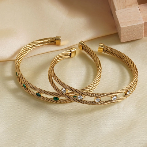 Double Layer Twisted Cable Bangle Stainless Steel Gold Plated Rhinestone Inlaid Open Bracelet For Women Luxury Jewelry