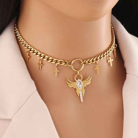 Collana Da Donna In Acciaio Inossidabile Placcato Oro Stella Sole Ottagramma Croce Pendente Strass Intarsiato Catena Da Clavicola