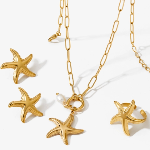 Starfish Jewelry Set 316 Stainless Steel PVD Gold Plated With Artificial Pearl Necklace Earrings Ring Ocean Vacation For Women
