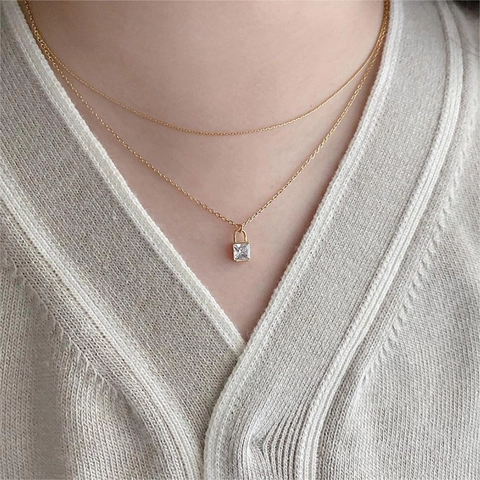 Padlock Pendant Necklace 925 Sterling Silver With Square Zircon Minimalist Geometric Jewelry For Women