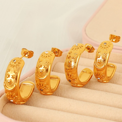 Vintage Stainless Steel Hoop Earrings With Celestial Sun Moon Star Embossed Rhinestone Gold Plated Jewelry For Women