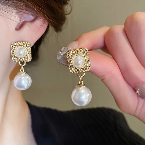 Orecchini Pendenti Vintage Francesi Lega Imitazione Perla Artificial Geometrici Con Perno In Argento Sterling 925 Per Donna