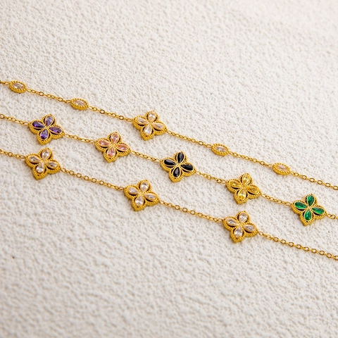 Juego de Collar y Pendientes de Pulsera de Trébol de Acero Inoxidable Chapado en Oro de 18K Joyas de Strass Mujer