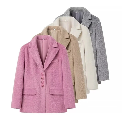 Women Fuzzy Faux Fur Blazer Jacket Lapel Buttons Plush Outerwear With Pockets Solid Color Long Sleeve Coat