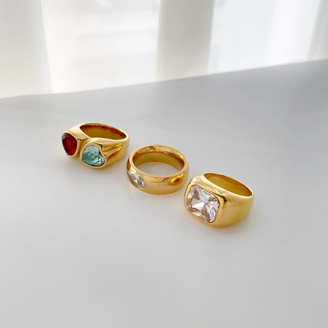 Vintage Women Ring Titanium Steel 18K Gold Plated Colorful Heart Square Zircon Marquise Eye Retro Jewelry