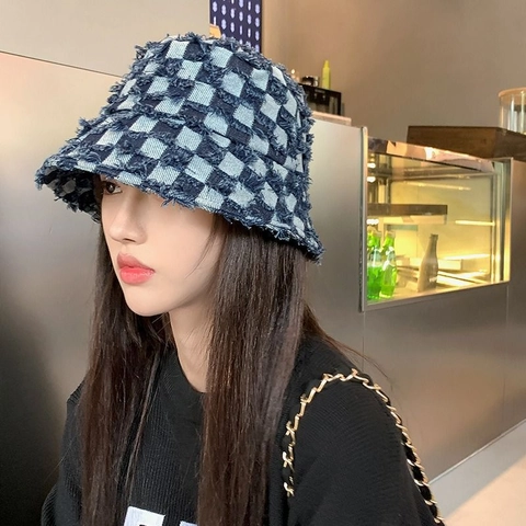 Cappello Da Pescatore In Denim A Scacchi Bordi Sfilacciati Stile Street Vintage Cotone Protezione Solare Donne