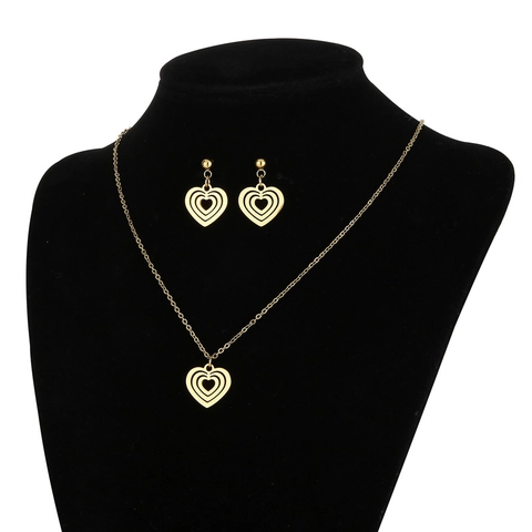 Collier Pendentif Cœur Multi Couches Évidé Et Boucles D'oreilles Acier Inoxydable Bijoux Élégants Chaîne De Clavicule Pour Femmes