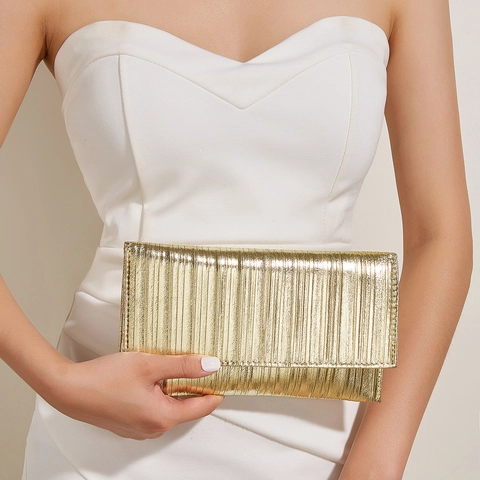 Pleated Evening Clutch Bag Metallic PU Leather Rectangular Handbag With Metal Chain Party Wedding Banquet Women