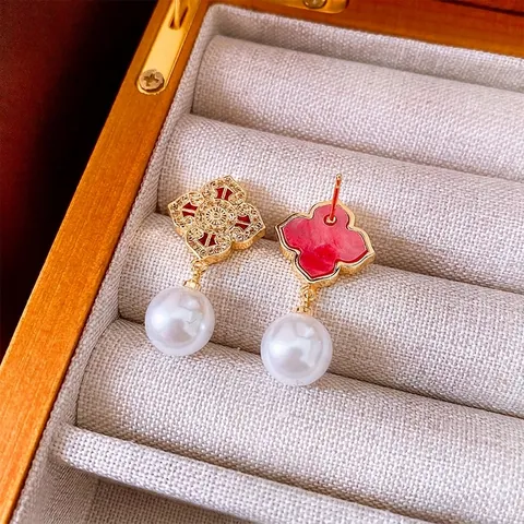Holle Klaver Bloem Kunstparel Druppel Oorbellen Met 925 Sterling Zilveren Oorsteker Zirkoon Retro Luxe Sieraden Voor Dames