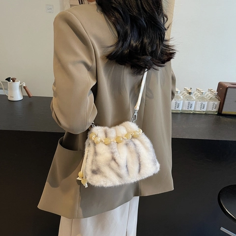 Faux Fur Bucket Bag Leopard Print Amber Bead Handle Adjustable Strap Autumn Winter Shoulder Crossbody Handbag For Women