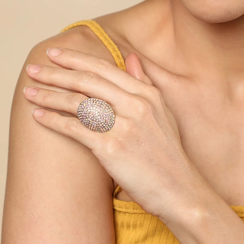 Luxury Round Geometric Rhinestone Ring For Women Large Pave Crystal Statement Ring Fashion Electroplated Jewelry Silver Gold Finger Ring