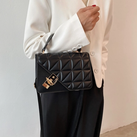 Women PU Leather Quilted Crossbody Bag Minimalist Rhombic Square Shoulder Handbag With Gold Chain Lock Casual Daily