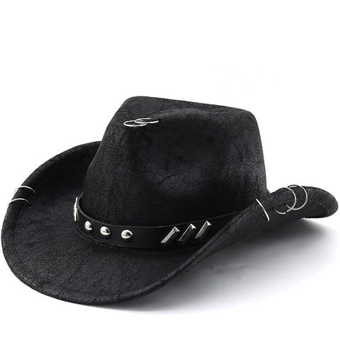 Westerse Cowboyhoed Kunstleer Metalen Ringen Klinknagels Punk Retro Brede Rand Fedora Hoed Unisex