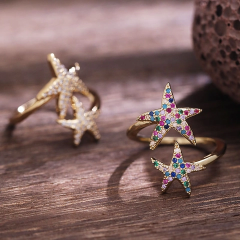 Doppel-Seestern Offener Ring Kupfer Vergoldet Zirkonia Verstellbar Mode Ozean Thema Schmuck Für Damen