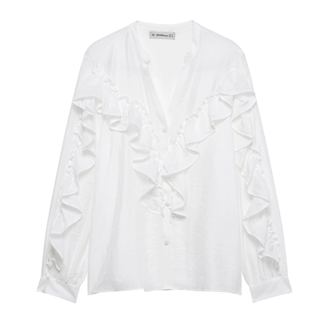 Women Blouse Polyester Ruffle Detail V-Neck Long Sleeve Elegant Office Work Solid White Top