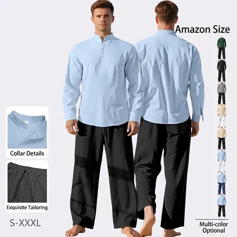 Tenue Homme Décontractée En Mélange De Lin Chemise Henley À Manches Longues Et Pantalon À Cordon Vacances Coupe Ample Uni