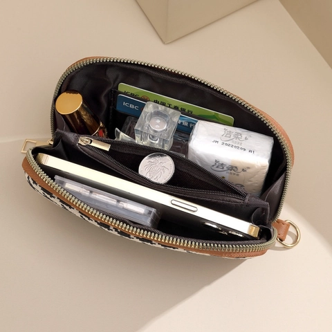 Women Houndstooth Canvas Clutch Bag Vintage Large Capacity Wristlet Purse With Zipper Splicing Handbag For Daily Phone Storage