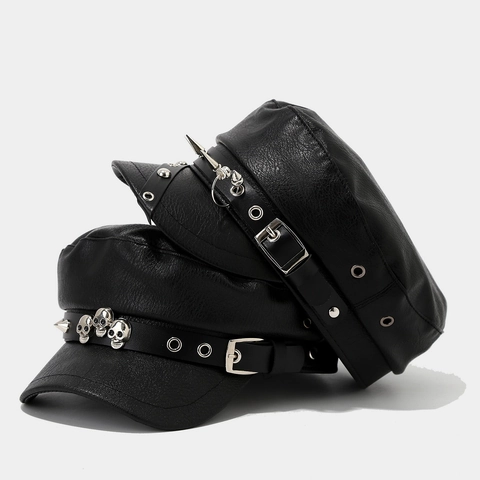 Berretto Militare Punk In Pelle PU Nero Con Punte In Metallo E Borchie A Teschio Cappello Gotico Per Uomini E Donne