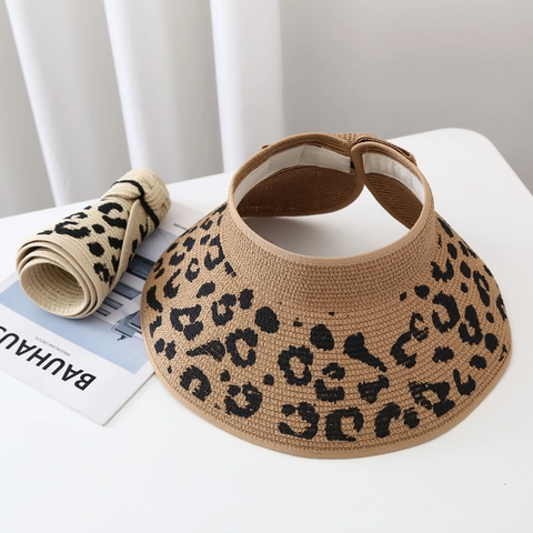 Women Visor Sun Hat Leopard Print Straw Paper Braided Foldable Bowknot Open Top Adjustable Summer Beach