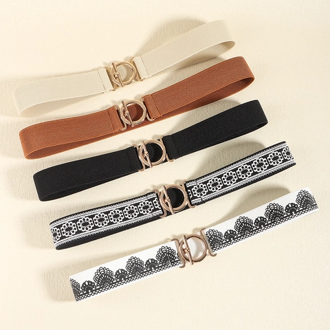 Women Elastic Waist Belt Interlocking Gold Metal Buckle Thin Stretch Corset Cinch For Dresses Coats Decor