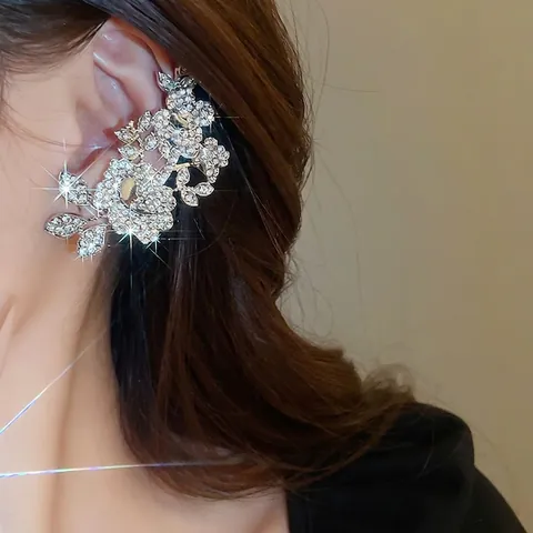 Floral Leaf Ear Cuff Alloy Rhinestone Non Pierced Wrap Around Ear Bone Clip Elegant Jewelry For Women