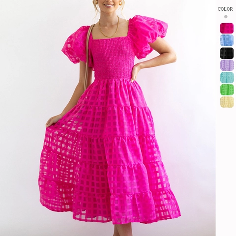 Off Shoulder Pofmouwen Gesmokte Midi Jurk Gelaagde Taartrok Geruite Textuur Elegante Zomervakantie Voor Dames