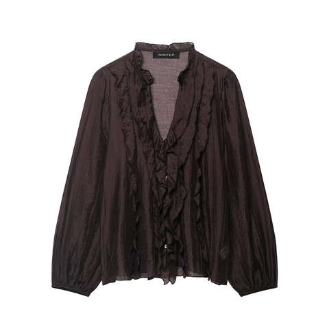 Elegant Ruffle V Neck Blouse Long Sleeve Button Down Solid Color Chiffon Shirt For Women Office Casual Chic Tops