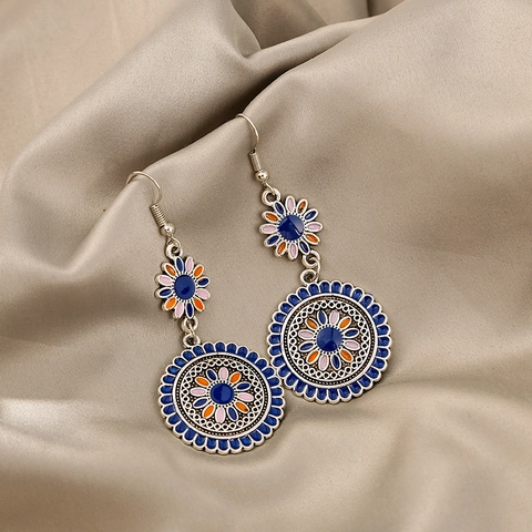 Bohemian Drop Earrings Alloy Enamel Retro Ethnic Mandala Sunflower Pattern Round Dangle Ear Hooks For Women Statement