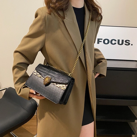 Vintage Crocodile Pattern PU Leather Shoulder Bag For Women With Lion Head Buckle Gold Chain Crossbody Square Bag