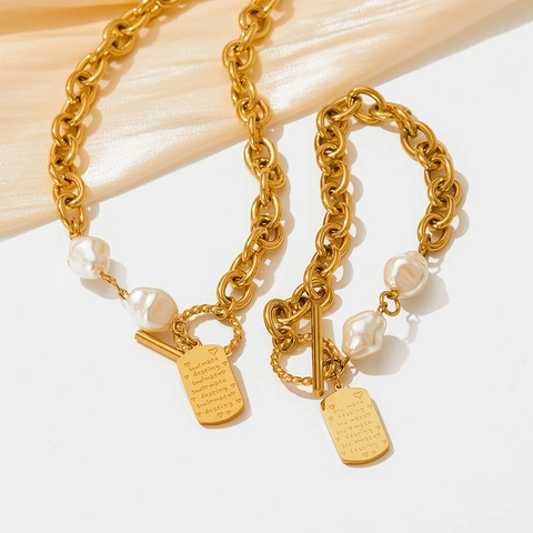 Conjunto De Joyas De Acero Inoxidable Perla Barroca Artificial Cierre De Barra Colgante Cuadrado Grabado Soulmate Destiny Mujer