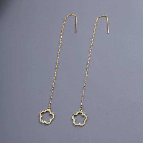 Élégantes Boucles D'oreilles Longues En Cuivre Plaqué Or Avec Pendentif Fleur À Cinq Pétales Évidée Style Tendance Femmes