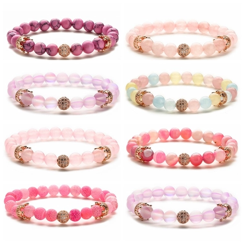 Natural Stone Beaded Bracelet Rose Gold Copper Crown Charm Micro Pave Zirconia Ball Elastic Jewelry For Women