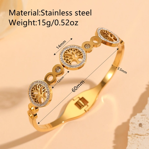 Brazalete De Acero Inoxidable Chapado En Oro De 18K Árbol De La Vida Con Diamantes De Imitación Símbolo Infinito Mujer