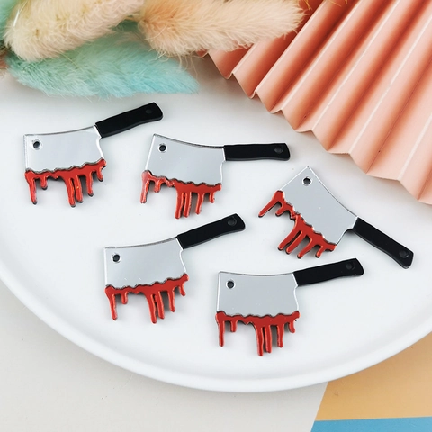 Dijes De Cuchillo De Carnicero Sangriento De Acrílico Espejo Plata Rojo Colgantes Para Joyería Halloween Gótica DIY Accesorio