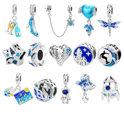 Verzilverde Koperen Bedels Met Blauw Email En Zirkoon Inleg Voor Armbanden Interstellaire Dieren Kunst Stijl Accessoires