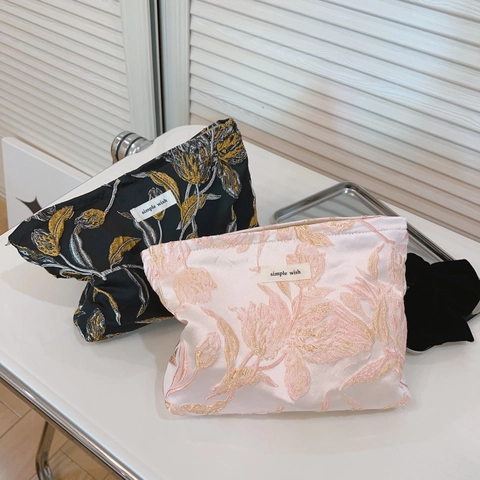 Borsa da Trucco Jacquard Floreale con Rilievo in Seta Dorata Donna Vintage Organizzatore da Viaggio Pochette in Tela Regalo