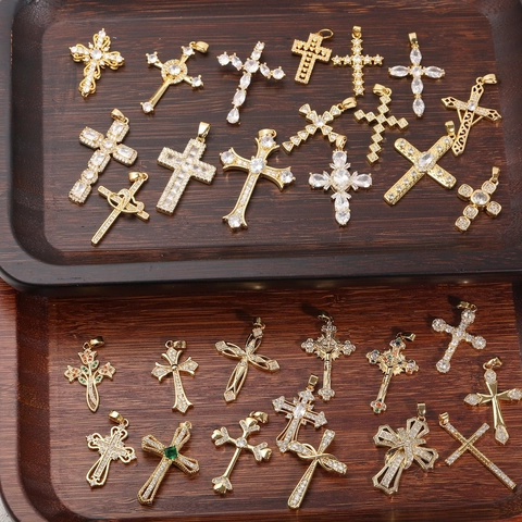 Retro Punk Cross Pendant Necklace Stainless Steel With Zircon Cubic Zirconia 18K Gold Plated Religious Jewelry For Women