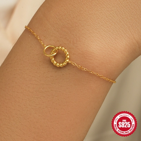 Bracelet Minimaliste en Argent Sterling S925 Avec Doubles Cercles Entrelacés pour Femmes Chaîne à Maillons Plaquée Or 18K