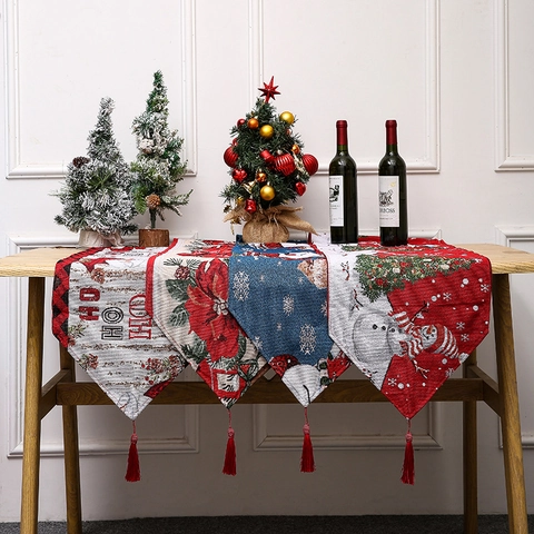 Runner Da Tavola Natalizio Nappa Lavorata A Maglia Poliestere Decorazione Festa Babbo Natale Pupazzo Di Neve Resistente Al Calore