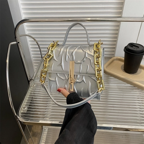 Women Shoulder Bag Textured PU Leather Crossbody Handbag With Gold Chain Strap And Metal Lock Top Handle Fashionable
