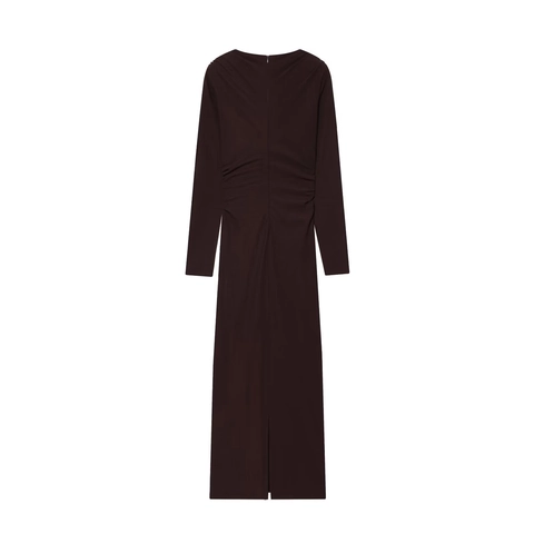 Ruched Deep V-Neck Midi Dress Twisted Satin Crepe Long Sleeve Bodycon Slim Fit Solid Color Elegant For Women