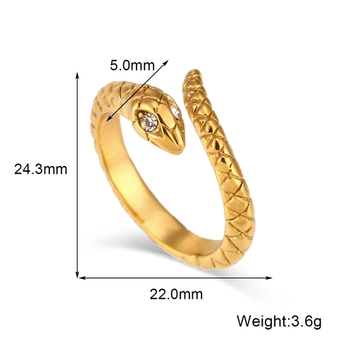 Snake Wrap Ring Stainless Steel Gold Plated With White Zirconia Eyes Open Adjustable Textured Retro Fashion For Women