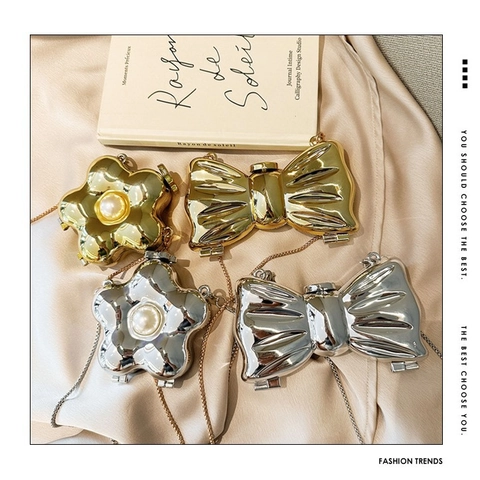 Mini Sac De Soirée Métallique Brillant Nœud Fleur Avec Chaîne Pour Femmes