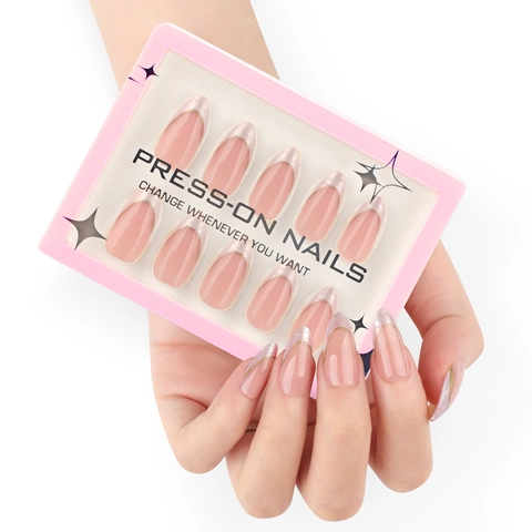 French Style Press On Nails Almond Shape Nude Pink With Silver Metallic Edge Glossy Plastic Fake Nails Women Elegant Wear