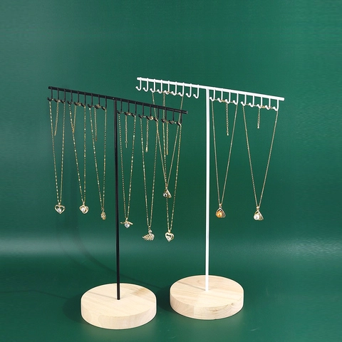 Jewelry Display Stand Necklace Organizer Metal Hooks Wooden Base T-Bar Detachable Rack For Pendant Earring