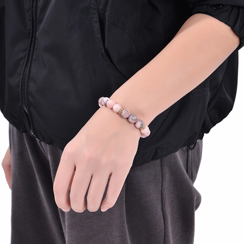Natural Pink Zebra Stone Lava Rock Beaded Bracelet Healing Yoga Essential Oil Diffuser Jewelry Unisex Alloy Spacers