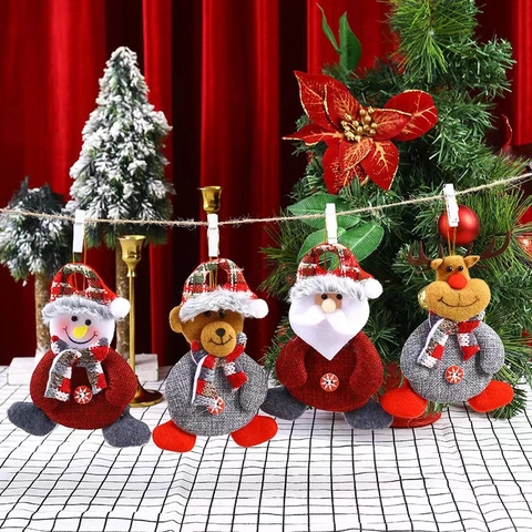 Ornements Suspendus De Noël Lin Peluche Tissu Dessin Animé Père Noël Bonhomme De Neige Renne Ours Bouton Bois Décor Fête