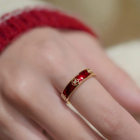 Anillo De Cobre Chapado En Oro De 18K Con Esmalte Rojo Y Zircón Estilo Hong Kong Vintage Moneda Joyería Ajustable
