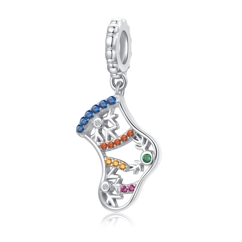 Christmas Stocking Charm S925 Sterling Silver Multicolor Cubic Zirconia Hollow Snowflake DIY Jewelry Bracelet Pendant