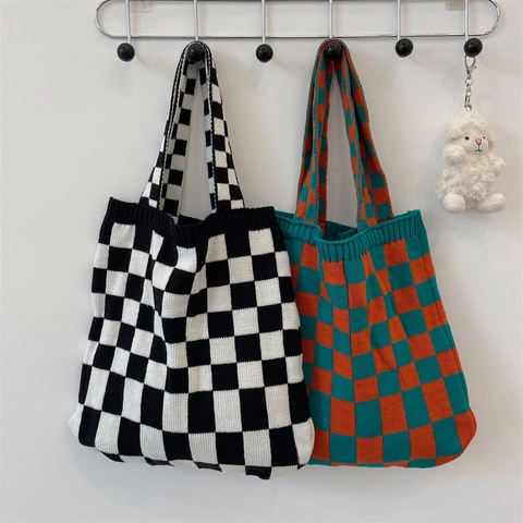 Bolso Tote De Punto Mujeres Patrón De Damero Bolso De Hombro Gran Capacidad Casual Retro Crochet Hilo Suave Estética